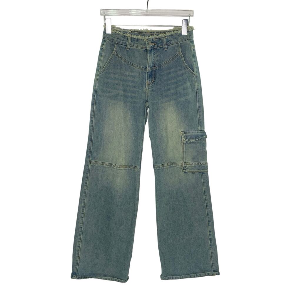 Womens Wide Leg Cargo Jeans 28 Distressed Denim Raw Waist Line Streetwear